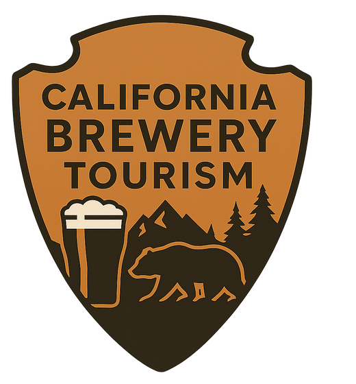 California Brewery Tourism arrowhead emblem: a pint glass, bear, mountains and pines